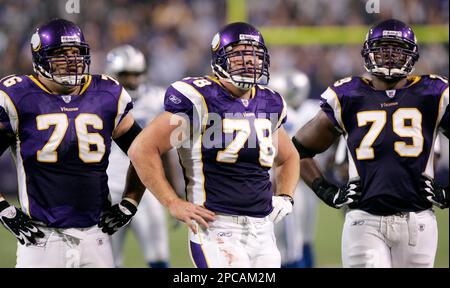 Minnesota Vikings' Matt Birk (78) and Steve Hutchinson chat during the  first day of football training camp at Minnesota State University, Mankato,  in Mankato, Minn., Friday, July 27, 2007. (AP Photo/Nati Harnik