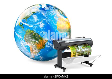 Plotter, large format inkjet printer with Earth Globe, 3D rendering isolated on white background Stock Photo