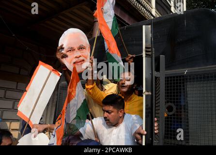 Non Exclusive: March 13, 2023, Kolkata, India: Riot Police confront  Congress activists who join a demonstration to protest against Gautam Adani in fr Stock Photo