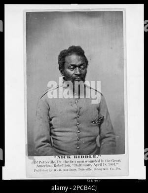 'Nick Biddle,' of Pottsville, Pa., the first man wounded in the great American Rebellion, 'Baltimore, April 18, 1861' / W. R. Mortimer.. Title from item, Photographer's stamp on verso, Another copy processed as LOT 15158-1, no. 1195, Reference copy in BIOG FILE. Biddle, Nicholas, 1796-1876, Military service, United States, Army, Pennsylvania Infantry Regiment, 25th (1861), People, African Americans, Military service, 1860-1870, Military uniforms, Union, 1860-1870, United States, History, Civil War, 1861-1865, Military personnel, Union, United States, History, Civil War, 1861-1865, Casualties, Stock Photo