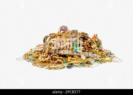 Horizontal shot of a colorful pile of jewelry isolated on white with oil paint effect. Stock Photo