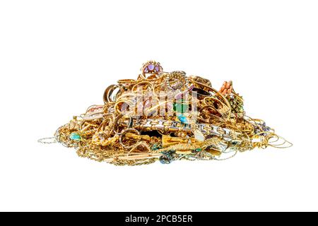 Horizontal shot of a colorful pile of jewelry isolated on white. Stock Photo