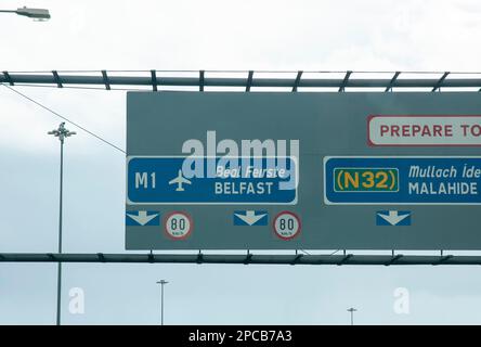 Road signs on the M1 in North Dublin Ireland Stock Photo