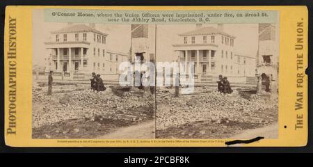 O'Connor House, where the Union Officers were imprisoned, under fire, on Broad St. near the Ashley Road, Charleston, South Carolina. Civil War Photograph Collection , Original negative may be available: LC-B811-3084. Houses, South Carolina, Charleston, 1860-1870, Chimneys, South Carolina, Charleston, 1860-1870, War damage, South Carolina, Charleston, 1860-1870, United States, History, Civil War, 1861-1865, Detention facilities, Confederate, South Carolina, Charleston, United States, History, Civil War, 1861-1865, Destruction & pillage, South Carolina, Charleston, Charleston (S.C.), History, Ci Stock Photo