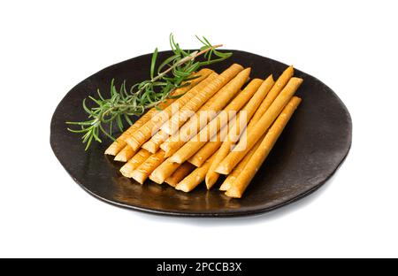 Bread Sticks on Plate Isolated, Salted Breadstick, Crispy Grissini, Dry Homemade Pretzel, Bread Stick on White Background Stock Photo