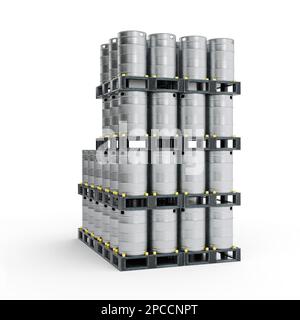 Group of brown beer kegs on pallet tied with yellow clips, 3D rendering Stock Photo