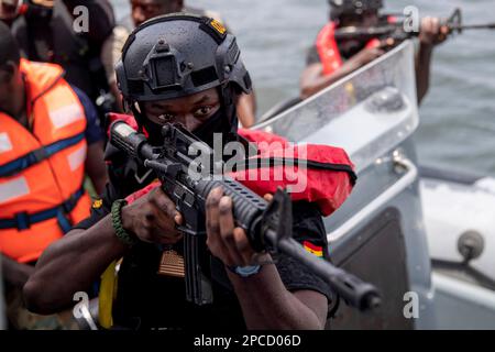 Volta, Ghana. 11th Mar, 2023. A member of the Ghana Armed Forces stands guard on a hostage rescue tactical training display during the annual Flintlock multi-national exercise, March 11, 2023 in Volta, Ghana. Credit: SSgt. Charles Brock/US Army Photo/Alamy Live News Stock Photo