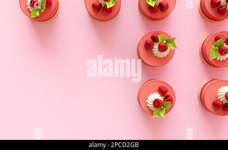 Wallpaper with small round cakes standing in a row. Delicious little cakes with meringue and berries. Flat pink background, copy space for text Stock Photo