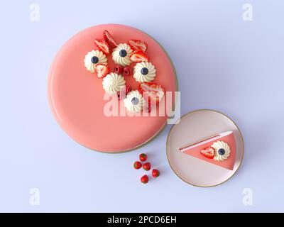 Mousse cake with mirror glaze pink, ripe strawberries and berries. Slice of cake on a plate, little vase with strawberries isolated on pastel blue Stock Photo