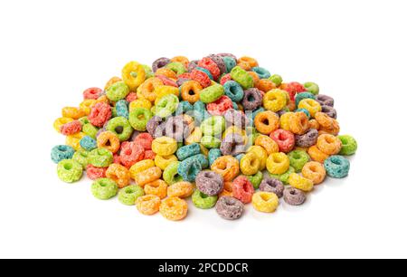 Colorful Breakfast Rings Pile Isolated. Fruit Loops, Fruity Cereal Rings, Colorful Corn Cereals on White Background Stock Photo