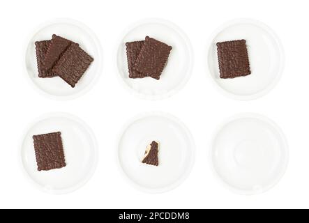 Eating Biscuit Coated in Dark Chocolate Isolated, Crumbled Square Cookies, Rectangular Shortbread Pieces, Crunchy Digestive Cookie Bites, Crumbs on Wh Stock Photo