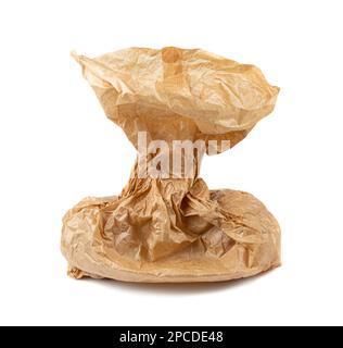 Old paper bag isolated. Crumpled disposable ecology container, wrinkled paperbag, kraft paper bag on white background Stock Photo