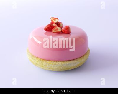 Trendy strawberry mousse cake with pink mirror glaze. Decorated by fresh slice of strawberries. Isolated on pastel background. Assortment picture Stock Photo