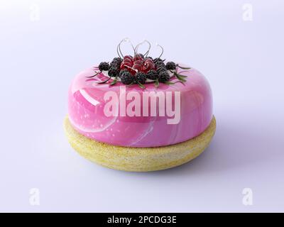 Round berry cake with pink mirror glaze and a bunch of wild berries. Delicious minimal cake isolated on a pastel purple flat background. Stock Photo
