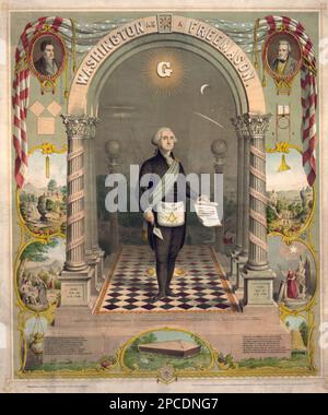 1866 , USA : Washington as a Freemason . The President George Washington ( 1732 - 1799 ) portrait  in masonic attire, holding scroll, and trowel ,  also head-and-shoulders portraits of Lafayette ( 1757 - 1834 ) and Andrew Jackson ( 1767 - 1845 ) , and biblical scenes. Color lithograph by Strobridge & Gerlach lithographers, Pike's Opera House, Cincinnati, Ohio - MASSONERIA - MASSONICO - POLITICA - POLITICO - PRESIDENTE STATI UNITI AMERICA - litografia - illustrazione - illustrator POLITIC - POLITICIAN - union flag - bandiera - ARTE - ARTS - FRAMASSONE  -   - HISTORY ----  Archivio GBB Stock Photo