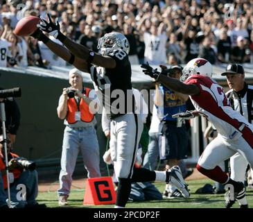 Oakland Raiders wide receiver Randy Moss (18) misses a pass against the  Cleveland Browns in the