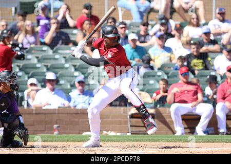 SCOTTSDALE, AZ - MARCH 12: Arizona Diamondbacks DH Kyle Lewis bats during  the spring training game against the Colorado Rockies on March 12, 2023, at  Salt River Field in Scottsdale, Arizona. (Photo