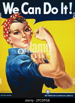 1942 ca , USA : The celebrated american propaganda poster ' WE CAN DO IT !' ( frequently misidentified as Rosie the Riveter ) by artist J. HOWARD MILLER for Westinghouse Company , War Production Co-Ordinating Committee with a woman factory worker . Was a very popular poster during World War II encouraging women to work in factories, or do other things to help and participate in the war effort. Although the 'We Can Do It!' image is famous today, during the war it was just one of many in Miller's series. The poster itself was not widely known on the home front because it was shown only at Westin Stock Photo