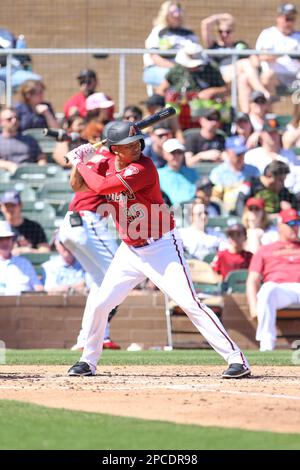 Glendale, United States. 24th Feb, 2023. Arizona Diamondbacks designated  hitter Kyle Lewis (1) homers on a fly ball to center field in the first  inning of an MLB spring training baseball game against the Colorado Rockies  at Salt River Fields, Sunday, M