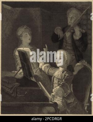 1897 : The celebrated austrian music composer WOLFANG AMADEUS MOZART ( 1756 - 1791 ) . Engraved portrait MOZART REHEARSING HIS XIIth MASS. etching by V. Focillon from the painting by J. Scherrer , printed by C. Klackener , New York, USA. - COMPOSITORE - OPERA LIRICA - CLASSICA - CLASSICAL - PORTRAIT - RITRATTO - MUSICISTA - MUSICA  - pianoforte - sing - song - canto - esercitazione musicale - sorella - sister - padre - father - concerto - wig - parrucca - spartito musicale - music sheet - jabot - incisione - illustration - illustrazione - violino - pizzo - lace - bambino - child - children - i Stock Photo