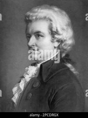 The celebrated austrian music composer WOLFANG AMADEUS MOZART ( 1756 - 1791 ) . Engraved portrait from a XX centurypainting by Perry , 1913 . - COMPOSITORE - OPERA LIRICA - CLASSICA - CLASSICAL - PORTRAIT - RITRATTO - MUSICISTA - MUSICA  - profilo - profile -  wig - parrucca - jabot - pizzo - lace - illustration - illustrazione -- -- ARCHIVIO GBB Stock Photo