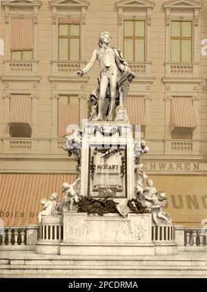1890 ca , VIENNA, AUSTRIA : The celebrated austrian music composer WOLFANG AMADEUS MOZART ( 1756 - 1791 ). Monument in VIENNA  .  Photocrom by Pubblisher Chicago and co, USA . - COMPOSITORE - OPERA LIRICA - CLASSICA - CLASSICAL - PORTRAIT - RITRATTO - MUSICISTA - MUSICA  - SALISBURGO  -   - HISTORY - FOTO STORICHE - MONUMENTO - MONUMENT - STATUA - STATUE - SCULPTURE - SCULTURA - GEOGRAPHY - Wienn - GEOGRAFIA - ARCHITETTURA - ARCHITECTURE - ARTS - ARTE -- -- ARCHIVIO GBB Stock Photo
