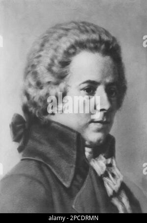 The celebrated austrian music composer WOLFANG AMADEUS MOZART ( 1756 - 1791 ) . Popular portrait from XX century by anonymous , Munchen , Bavaria , GERMANY . - COMPOSITORE - OPERA LIRICA - CLASSICA - CLASSICAL - PORTRAIT - RITRATTO - MUSICISTA - MUSICA - wig - parrucca -jabot -  illustration - illustrazione - HISTORY - FOTO STORICHE - -- ARCHIVIO GBB Stock Photo