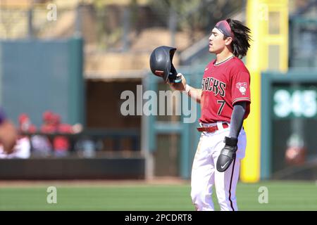 SCOTTSDALE, AZ - MARCH 23: Arizona Diamondbacks Outfield Kyle Lewis (1)  celebrates his two-run home run during a spring training game between the  Arizona Diamondbacks and Los Angeles Dodgers on March 23