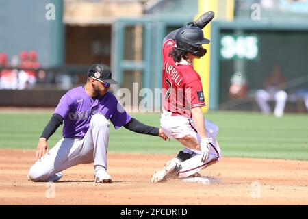 Glendale, United States. 24th Feb, 2023. Arizona Diamondbacks designated  hitter Kyle Lewis (1) homers on a fly ball to center field in the first  inning of an MLB spring training baseball game against the Colorado Rockies  at Salt River Fields, Sunday, M