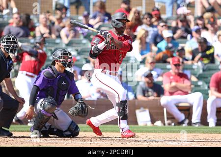 Glendale, United States. 24th Feb, 2023. Arizona Diamondbacks designated  hitter Kyle Lewis (1) homers on a fly ball to center field in the first  inning of an MLB spring training baseball game against the Colorado Rockies  at Salt River Fields, Sunday, M