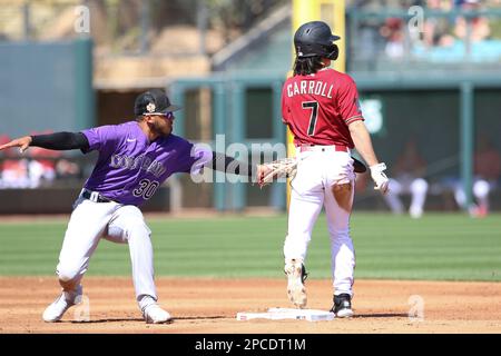 Glendale, United States. 24th Feb, 2023. Arizona Diamondbacks designated  hitter Kyle Lewis (1) homers on a fly ball to center field in the first  inning of an MLB spring training baseball game against the Colorado Rockies  at Salt River Fields, Sunday, M