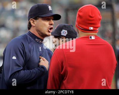 Detroit Tigers coach Andy Van Slyke has his head is his hand as