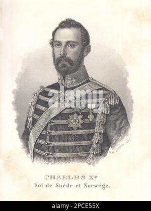 1861 : The  King of Sweden and Norway Charles XV of Sweden and IV of Norway ( CARL , 1826 - 1872 ). Engraved portrait from ALMANACH DE GOTHA , 1861. Charles married in  holm on 19 june 1850 the Princess Louise of Netherland Mecklenburg-Strelitz ( 1828 - 1871 ), niece of William II of the Netherlands through her father and niece of William I of Prussia, German Emperor, through her mother. Charles was the son of King Oscar I of Sweden and Norway and Queen Josefina of Sweden and Norway (née Princess Josephine of Leuchtenberg). The marriage was arranged to provide the new Bernadotte dynasty    - H Stock Photo