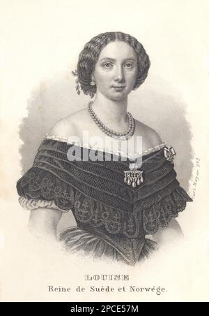 1861 : The  Queen of Sweden and Norway LOUISE ( Louise of the Netherlands , 1828 - 1871 ), spouse of King Charles XV of Sweden and IV of Norway. Engraved portrait from ALMANACH DE GOTHA , 1861. Her father was Prince Frederik of the Netherlands, the second child of King Willem I of the Netherlands and Wilhelmina of Prussia. Her mother was Princess Louise of the Netherlands (née Princess Louise of Prussia), the eighth child of King Friederich Wilhelm III of Prussia and Luise of Mecklenburg-Strelitz . Princess Louise married in  holm on 19 June 1850 Crown Prince Carl of Sweden and Norway, the son Stock Photo