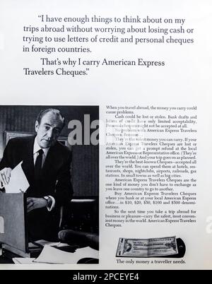 American Express Travelers Cheques advert in a Natgeo magazine September 1969 Stock Photo