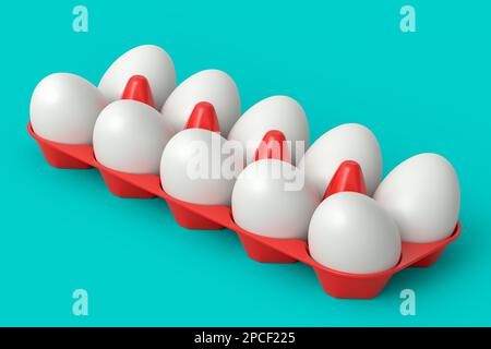 Farm raw organic white eggs in plastic tray or paper cardboard on green background. 3d render of fresh chicken eggs for omelet or scrambled fried egg Stock Photo