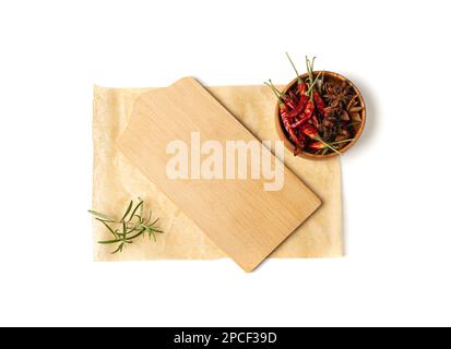 Wood Cutting Board Mockup Isolated, Vintage Chopping Board Background, Empty Cut Desk, Baking Paper, Cutting Board with Copy Space Top View Stock Photo
