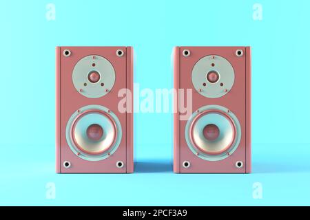 Two vintage speakers for a computer or music center. Retro music speakers plastic pink isolated on a blue background, retro fashion illustration. Stock Photo