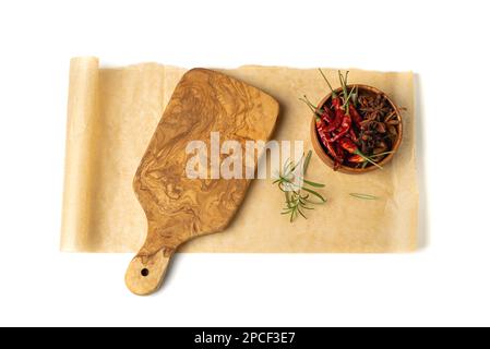 Wood Cutting Board Mockup Isolated, Vintage Chopping Board Background, Empty Cut Desk, Baking Paper, Cutting Board with Copy Space Top View Stock Photo