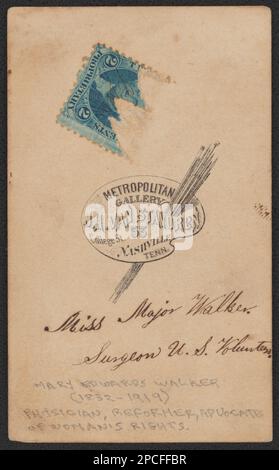 Assistant Surgeon Mary Edwards Walker Medical Staff U.S. Volunteers Infantry Regiment in uniform / Metropolitan Gallery, J.H. Van Stavoren, 53 College St., Nashville, Tenn.. Liljenquist Family Collection of Civil War Photographs , pp/liljpaper, pp/liljwoch. Walker, Mary Edwards, 1832-1919, United States, Army, Volunteer Infantry Regiment, People, 1860-1870, Soldiers, Union, 1860-1870, Physicians, Union, 1860-1870, Prisoners of war, Union, 1860-1870, Military uniforms, Union, 1860-1870, United States, History, Civil War, 1861-1865, Military personnel, Union. Stock Photo