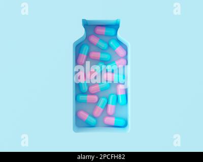 Creative concept of medicines, vitamins, pharmacological treatment. A bunch of pink blue capsules on a paper background carved in the shape of a jar Stock Photo