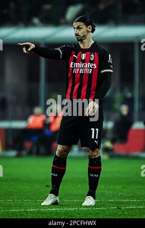 Milan, Italy. 13th Mar, 2023. Zlatan Ibrahimovic of AC Milan gestures during the Italian Serie A football championship match AC Milan vs Salernitana at San Siro Stadium in Milan, Italy on March 13, 2023 Credit: Piero Cruciatti/Alamy Live News Credit: Piero Cruciatti/Alamy Live News Stock Photo