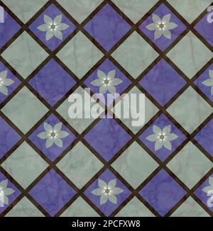 diamond shape squares in purple and marble effect with black lines and daisy flowers Stock Photo