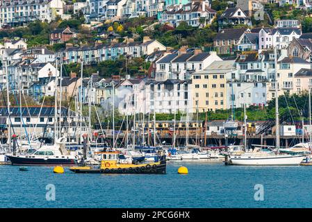 Steam Train and Boats over River Dart, Kingswear from Dartmouth, Devon, England, Europe Stock Photo