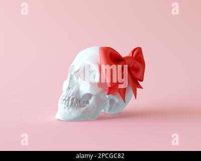 White Skull with red bow tie. Minimal spooky girl concept. Minimal Halloween spooky girl concept. Halloween background. 3d render illustration. Stock Photo