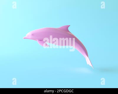 Contemporary art, 3d model of a pink monochrome dolphin isolated on a pastel blue background. Pink dolphin jumps, minimal, flat lay. Stock Photo