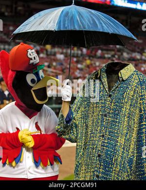 St. Louis Cardinals mascot Fredbird holds the Stanley Cup over head during  a ceremony honoring the St. Louis Blues Stanley Cup victory prior to the  start of a baseball game against the