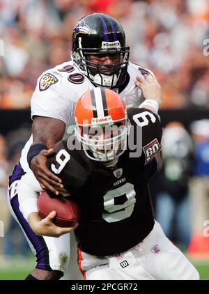 ADVANCE FOR SUNDAY, OCT. 8 ** FILE ** Cleveland Browns quarterback Charlie  Frye (9) is sacked for a 10-yard loss by Baltimore Ravens' Trevor Pryce in  the first quarter of an