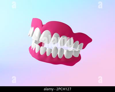 Teeth model isolated on pastel gradient background, side view. Dental jaw model, white teeth, false teeth implant. Dental and orthodontic technology Stock Photo