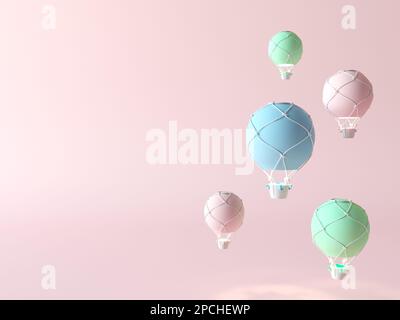 Balloons colorful color floating in air. Hot air balloons background. 3d render illustration, copy space for text, flat lay for banner. Pastel colors Stock Photo